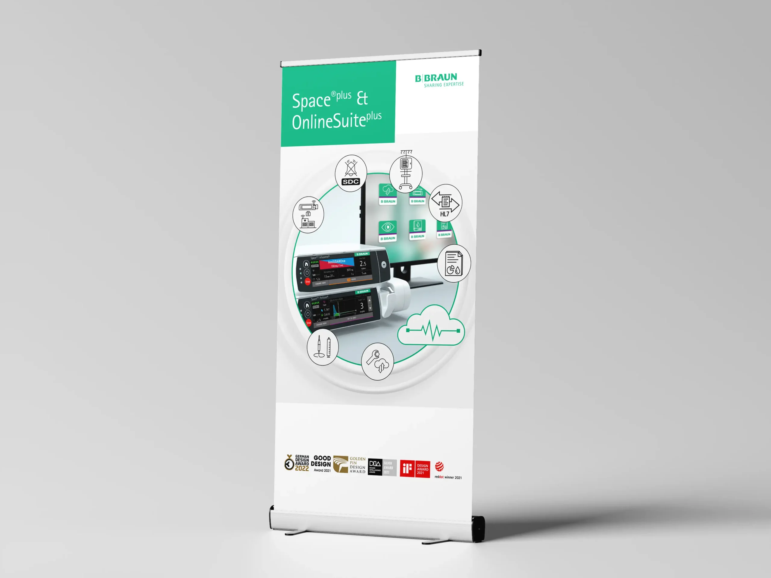 „Silent ICU“-Roll-up-Design im Mock-up im RGB-Format.